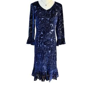 Vintage Y2K Eva Blue Velvet Burnout Paisley Dress Ruffle Hem Fairy Whimsigoth 6